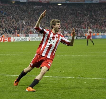 15.03.2011, Fussball Champions-League, Achtelfinale Rückspiel, FC Bayern München - Inter Mailand, Allianz-Arena München, Torjubel Thomas Müller (Bayern München).