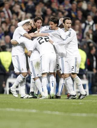Jubel Real Madrid, hi.v.re.: Ricardo Carvalho, Sami Khedira, Sergio Ramos und Pepe  (201103168413) o0 Freude