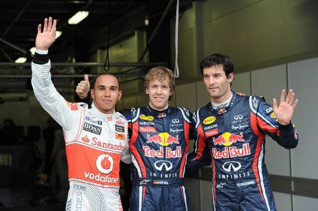 Grand Prix Australien - 26.03.2011 - LEWIS HAMILTON (GBR, L) - MCLAREN MERCEDES MP4-26 - SEBASTIAN VETTEL (GER) - RED BULL RENAULT RB7 - MARK WEBBER (AUSTRALIA) - RED BULL RENAULT RB7 - xGillesxLeventx  o0 Jubel, Freude