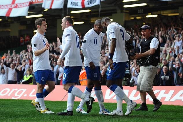 Wales vs. England --- England celebrates, (front, R-L) Darren Bent, Ashley Young, Wayne Rooney, Jack Wilshere  o0 Freude