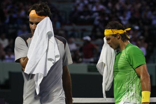 Rafael Nadal (ESP, re.) und Roger Federer (SUI) enttäuscht - Sony Ericsson Open 2011, Miami - 01 04 2011. x(73)xRenatoxCukierx xxFotoarenax  (4039) Sony Ericsson Open 2011