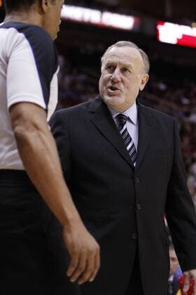 April 03, 2011: Houston Rockets head coach Rick Adelman speaks to a referee during the first half of the NBA basketball game between the Atlanta Hawks and the Houston Rockets at the Toyota Center in Houston, TX. - ZUMAc04