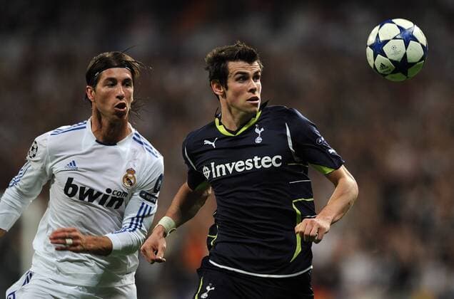 Real CF Madrid (white) - Tottenham Hotspur (black), Tottenham s Gareth Bale and Sergio Ramos of Real Madrid in action 