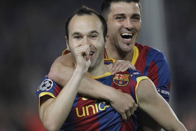 Barcelona s Andres Iniesta (L) and David Villa - UEFA Champions League - FC Barcelona (Barca) - Shakhtar Donetsk -  (20120574)