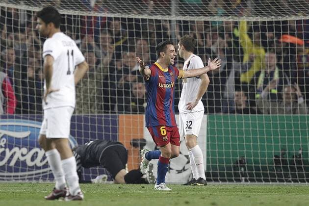 Barcelona s Xavi Hernandez (C) celebrates goal - UEFA Champions League - FC Barcelona (Barca) - Shakhtar Donetsk -  (20120579)