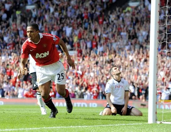 Luis Antonio Valencia of Manchester United (Manu) celebrates - Premier League - Manchester United (Manu) v FC Fulham (white) - 9th April, 2011 - EDITORIAL USE ONLY. No use with unauthorised audio, video, data, fixture lists, club league logos or live services. Online in-match use limited to 120 images, no video emulation. No use in betting, games or single club league player publications.