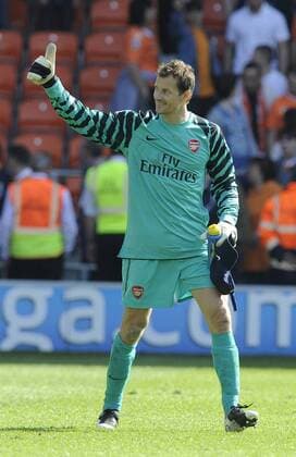 Jens Lehmann of Arsenal celebrates the win Barclays Premier League Blackpool v Arsenal 10th April, 2011 EDITORIAL USE ONLY. No use with unauthorised audio, video, data, fixture lists, club league logos or live services. Online in-match use limited to 120 images, no video emulation. No use in betting, games or single club league player publications.