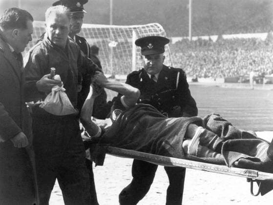 ERIC CALDOW (SCOTLAND) IS CARRIED OFF WITH A BROKEN LEG, 06 04 1963, ENGLAND V SCOTLAND at WEMBLEY. 