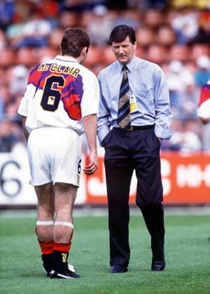 Andy Roxburgh (Scotland Manager) with Brian McClair 15 6 92. Germany v Scotland. Norrkoping Euro Championships 1992 