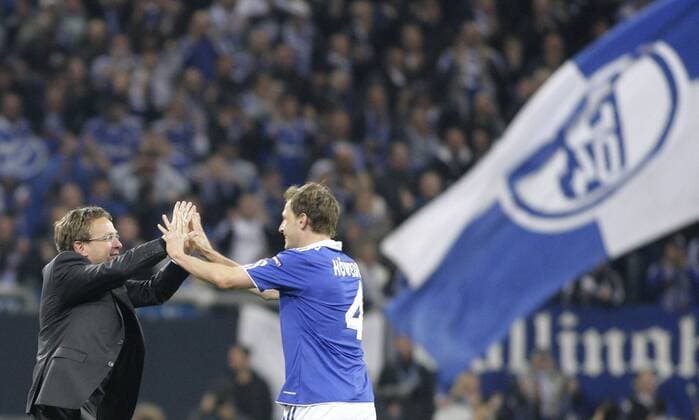 Schalke s Coach Ralf RANGNICK (L) celebrates a goal with Schalke s Benedikt HÖWEDES during the quarterfinal of the Champions League match between FC Schalke 04 and Inter Mailand, Veltinsarena in Gelsenkirchen on April 13., 2011. Mika o0 Jubel Freude