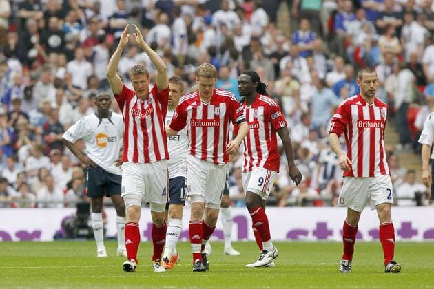 London, FA Cup Semifinal, Bolton Wanderers (white) - Stoke City (red), Stoke City s Robert Huth (L) celebrates scoring at Wembley  o0 Jubel, Freude