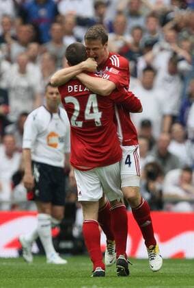 FA Cup Semifinal, Bolton Wanderers (white) - Stoke City (red), Robert Huth (R) celebrates scoring a goal for Stoke with Rory Delap. 2-0 NOxONLINExUSExWITHOUTxENDxUSERxLICENCExFROMxFOOTBALLxDATACOxLTD  o0 Jubel, Freude