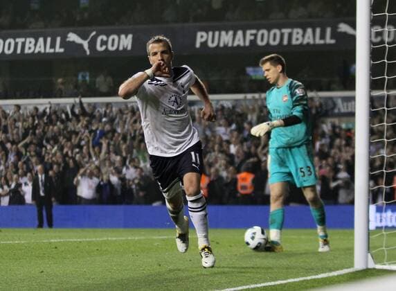 Tottenhams Rafael Van Der Vaart celebrates scoring his sides third goal Barclays Premier League Tottenham Hotspur v Arsenal 20th April, 2011 EDITORIAL USE ONLY. No use with unauthorised audio, video, data, fixture lists, club league logos or live services. Online in-match use limited to 120 images, no video emulation. No use in betting, games or single club league player publications.