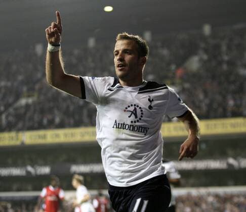 Tottenhams Rafael Van Der Vaart celebrates scoring his sides third goal Barclays Premier League Tottenham Hotspur v Arsenal 20th April, 2011 EDITORIAL USE ONLY. No use with unauthorised audio, video, data, fixture lists, club league logos or live services. Online in-match use limited to 120 images, no video emulation. No use in betting, games or single club league player publications.