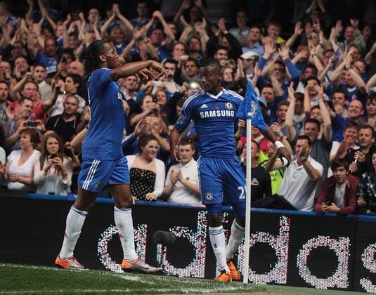 Salomon Kalou of Chelsea celebrates scoring with Didier Drogba Barclays Premier League Chelsea v Birmingham City 20th April, 2011 EDITORIAL USE ONLY. No use with unauthorised audio, video, data, fixture lists, club league logos or live services. Online in-match use limited to 120 images, no video emulation. No use in betting, games or single club league player publications.