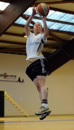 COLOGNE, GERMANY - APRIL 21: Alexandra Popp throws the ball during a Basketball training session at the German Women National Team training camp at Ballpark Koeln on April 21, 2011 in Cologne, Germany. Alexandra Popp o0 DFB