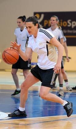 COLOGNE, GERMANY - APRIL 21: Goalkeeper Nadine Angerer runs with the ball during a Basketball training session at the German Women National Team training camp at Ballpark Köln on April 21, 2011 in Cologne, Germany. Nadine Angerer  o0 DFB