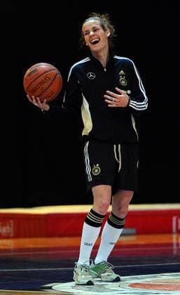 COLOGNE, GERMANY - APRIL 21: Simone Laudehr smiles during a Basketball training session at the German Women National Team training camp at Ballpark Köln on April 21, 2011 in Cologne, Germany. Simone Laudehr o0 DFB