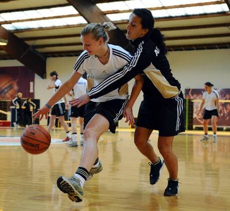 COLOGNE, GERMANY - APRIL 21: Alexandra Popp (L) is challenged by Fatmire Bajramaj during a Basketball training session at the German Women National Team training camp at Ballpark Köln on April 21, 2011 in Cologne, Germany. Alexandra Popp:Fatmire Bajramaj o0 DFB