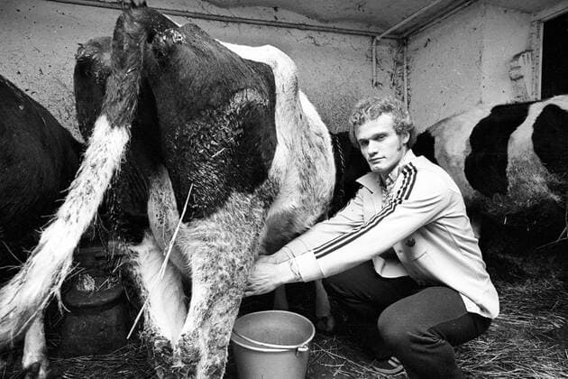 Hans Peter Briegel (Deutschland 1. FC Kaiserslautern) melkt auf dem heimischen Bauernhof eine Kuh Fotoshooting, Fotostory, Homestory, privat, Hof, Bauernhof, Landleben, Landwirtschaft, Arbeitswelten