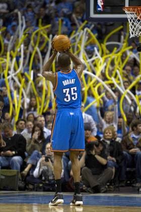 Oklahoma City Thunder forward Kevin Durant takes a free throw with the Denver Nuggets fans waving balloons during the first quarter in the Western Conference playoffs-First Round game three at the Pepsi Center in Denver on April 23, 2011.  DEN2011042302