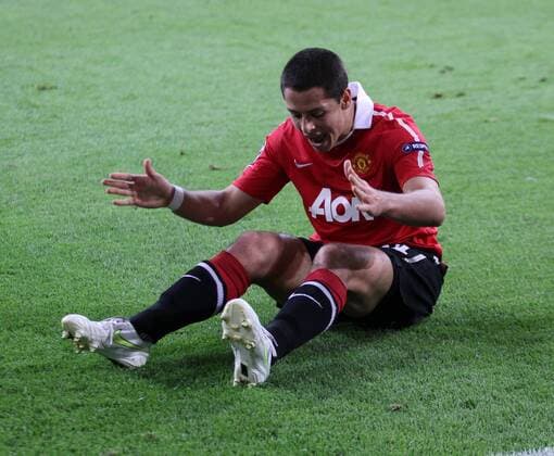 Manchester United s Javier Chicharito Hernandez looks on dejected after a missed chance - Champions League SemiFinal 1st leg - FC Schalke 04 (blue) vs Manchester United (ManU) - EDITORIAL USE ONLY. No use with unauthorised audio, video, data, fixture lists, club league logos or live services. Online in-match use limited to 120 images, no video emulation. No use in betting, games or single club league player publications.