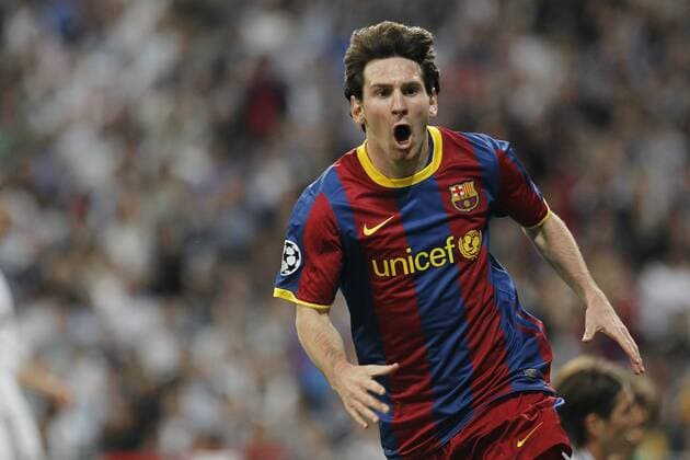 FC Barcelona s Lionel Messi celebrates during Champions League semifinal first match on April 27 2011 -  (067) o0 Barca Jubel, Freude