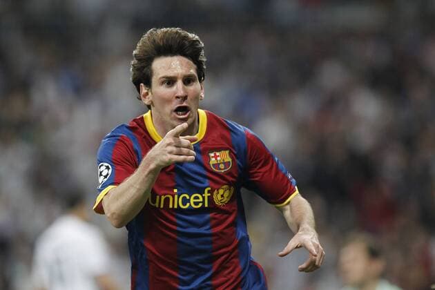 FC Barcelona s Lionel Messi celebrates during Champions League semifinal first match on April 27 2011 -  (068) o0 Barca Jubel, Freude