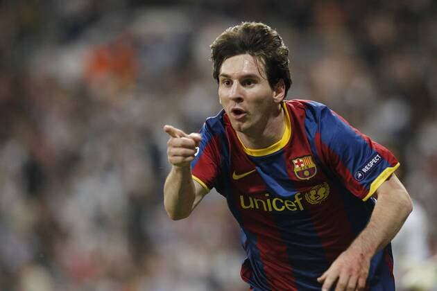 FC Barcelona s Lionel Messi celebrates during Champions League semifinal first match on April 27 2011 -  (075) o0 Barca Jubel, Freude