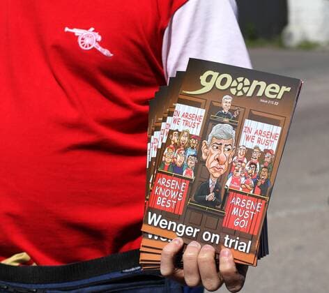 Gooner - An Arsenal fanzine with the front cover of Wenger (Arsenal coach Arsene Wenger) on Trial Barclays Premier League Arsenal FC 1st May, 2011 EDITORIAL USE ONLY. No use with unauthorised audio, video, data, fixture lists, club league logos or live services. Online in-match use limited to 120 images, no video emulation. No use in betting, games or single club league player publications. o0 Karikatur Stadionheft Heft Stadionmagazin Magazin Zeitung Objekte