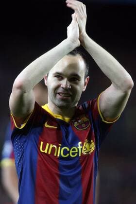 FC Barcelona (Barca red blue) - Real CF Madrid (white), Barcelonas Andres Iniesta celebrates after the UEFA Champions League semi-finals soccer match. May, 3, 2011.  o0 Jubel, Freude