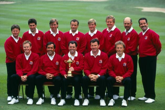 Golf - The Ryder Cup 1993 - The Belfry The European Team Back Row: Left to Right: Ian Woosnam, Jose Maria Olazabal, Barry Lane, Constantino Rocca, Peter Baker, Colin Montgomerie, Mark James, Sam Torrance. Front Row: Joakim Haeggman, Severiano Ballesteros, Bernhard Gallacher (with the trophy), Nick Faldo and Bernhard Langer