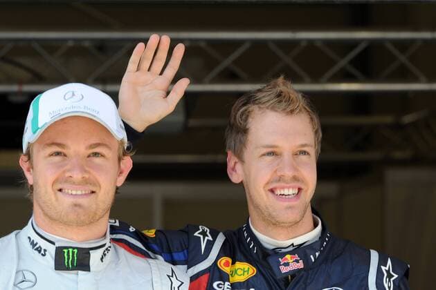 07.05.2011, Istanbul - GP Türkei 2011 - Qualifying - Sebastian Vettel (Deutschland Red Bull, re.) holt die Pole Position vor Nico Rosberg (Deutschland Mercedes GP) - GillesLevent  o0 Jubel Freude