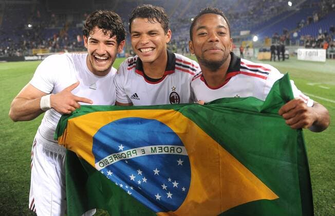 Milans Brasilianer (L-R) Alexandre Pato, Thiago Silva, Robinho (milan) - AC Milan feiert die italienische Meisterschaft 2010 2011 massimoxoliva o0 Scudetto Freude