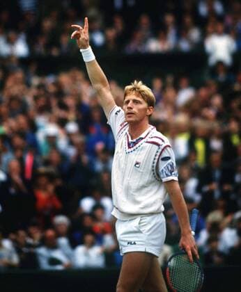 Boris Becker (Germany) celebrates winning match point. 09 07 1989. Mens Singles Final; Wimbledon All England Tennis Championships  o0 Sieger Sieg Finale