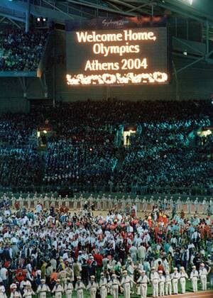 Scoreboard message for 2004 Olympics in Athens, Greece. Closing Ceremony, Sydney Olympics, 1 10 2000.  o0 Anzeigetafel, Anzeige, Tafel, Stadionanzeige Objekte Eröffnungsfeier Schriftzug Totale