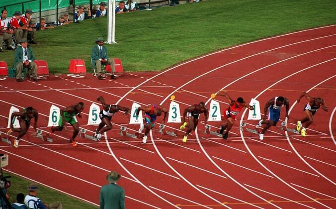 LINFORD CHRISTIE S 2ND FALSE START (2ND FROM RIGHT) TO PUT HIM OUT OF 100m FINAL. 27 7 1996. ATLANTA OLYMPICS 1996.  o0 Fehlstart o0 Leichtathletik