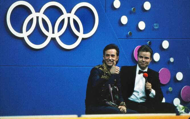 OLYMPIC LEGENDS: Brian Boitano Brian Boitano (USA) gold medal winner being interviewed after his routine. Mens Figure skating Winter Olympics 1988 Calgary  o0 Olympiasieg Sieg o0 Eiskunstlauf
