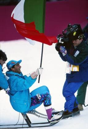 Winter Sports : Skiing Alberto Tomba (Italy) celebrates winning the Mens Slalom Silver Medal. Winter Olympics 1992 at Albertville  o0 Ski Skisport Alpin