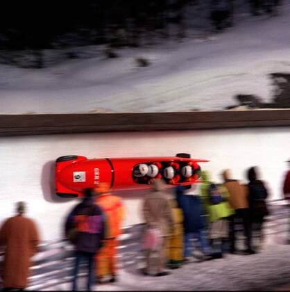 Germany (2) -- Michael Sperr, Olaf Hampel, Florian Cruciger, Rolf Müller --- Four Man Bobsleigh team.on their run. Nagano Winter Olympics 1988.  o0 Bob Vierer