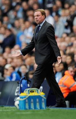Harry Redknapp coach of Tottenham reacts on the touchline - Barclays Premier League Manchester City (blue) v Tottenham Hotspur (white) 10th May, 2011 EDITORIAL USE ONLY. No use with unauthorised audio, video, data, fixture lists, club league logos or live services. Online in-match use limited to 120 images, no video emulation. No use in betting, games or single club league player publications.