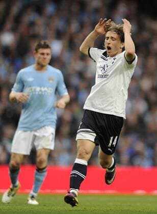 Luka Modric of Tottenham reacts after missing a chance to score - Barclays Premier League Manchester City (blue) v Tottenham Hotspur (white) 10th May, 2011 EDITORIAL USE ONLY. No use with unauthorised audio, video, data, fixture lists, club league logos or live services. Online in-match use limited to 120 images, no video emulation. No use in betting, games or single club league player publications.