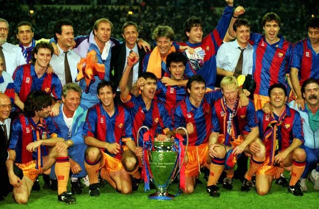Front row from 3rd LtR - Juan Antonio Goicoechea, Josep Pep Guardiola,Hirsto Stoitchkov and Ronald Koeman, back row centre: coach Johan Cruyff - Barcelona team celebrations with the trophy. Barcelona v Sampdoria 20 05 1992 European Cup Final 1992 Wembley  o0 FC Barca