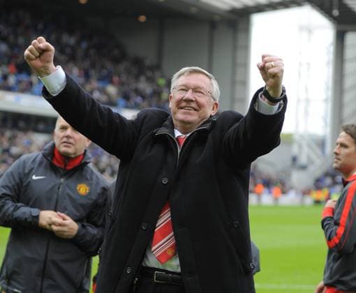 Sir Alex Ferguson coach of Manchester United celebrates - Premier League Champion Manchester United (ManU) 2011 in Blackburn - EDITORIAL USE ONLY. No use with unauthorised audio, video, data, fixture lists, club league logos or live services. Online in-match use limited to 120 images, no video emulation. No use in betting, games or single club league player publications.