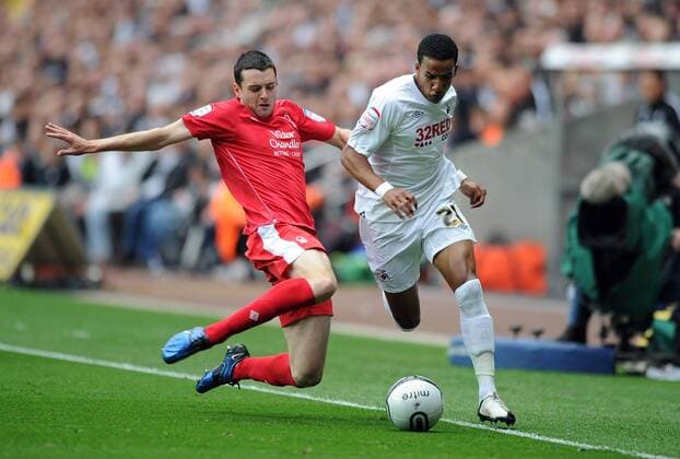 Championship Playoff SemiFinal - Swansea City - Nottingham Forest - Brendan Moloney of Nottingham Forest tackles Scott Sinclair of Swansea City at the Liberty Stadium, Swansea 