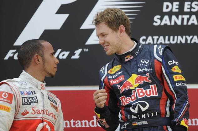 Sebastian VETTEL (GER, R), Red Bull Racing mit Lewis HAMILTON (GBR),MCLaren Mercedes - Siegerehrung.Jubel,Freude,Begeisterung, Rennen,22.05.2011. Formel 1:GP von Spanien Circuit de Catalunya,Saison2011,