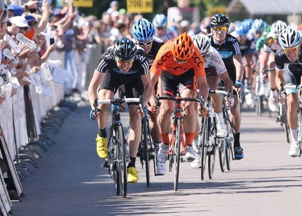 Germany, 25.05.2011: Radsport Bayern Rundfahrt 2011, 1. Etappe Pfarrkirchen-Freystadt, Sieger Edvald BOASSON HAGEN NOR (SKY) SKY PRO CYCLING (L), Andre SCHULZE (GER) CCC POLSAT POLKOWICE 2. Platz (R), Heinrich HAUSSLER (Australia) (GRM), 2.L TEAM GARMIN CERVELO (3.Platz)