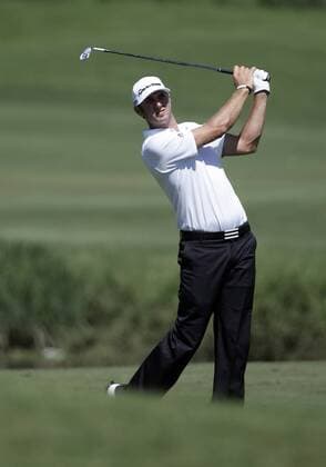 26 MAY 2011: Dustin Johnson watches his shot in the fourth fairway during the first round of the HP Byron Nelson Championship played at TPC Las Colinas Four Season Resort in Irving, TX. PGA Golf Herren MAY 26 HP Byron Nelson Championship - First Round Icon1105260177 EDITORIAL USE ONLY