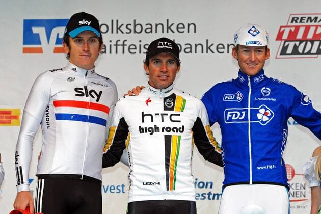 Podium v.l.n.r. - 2. Geraint THOMAS ( GBR SKY Professional Cycling Team ) - 1. Michael ALBASINI ( SWI Team HTC - Highroad ) - 3. Wesley SULZBEREGER ( AUS FDJ ) - Event: 32. Bayern Rundfahrt 2011 - Bad Gögging nach Aichach 180.5 km - Location: Bad Gögging - Bayern - Deutschland - Europa - Datum: 27.05.2011 - Contact o0 Etappensieger