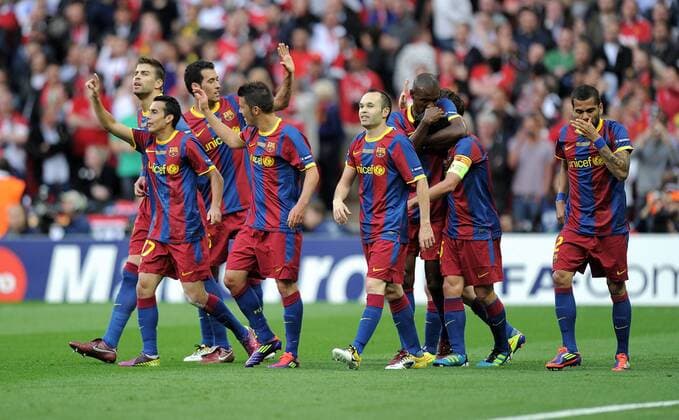 FUSSBALL CHAMPIONSLEAGUE FINALE SAISON 2010 2011 28.05.2011 FC Barcelona - Manchester United FC JUBEL nach dem Tor zum 1:0 mit Pedro Rodriguez (li, Barca) 